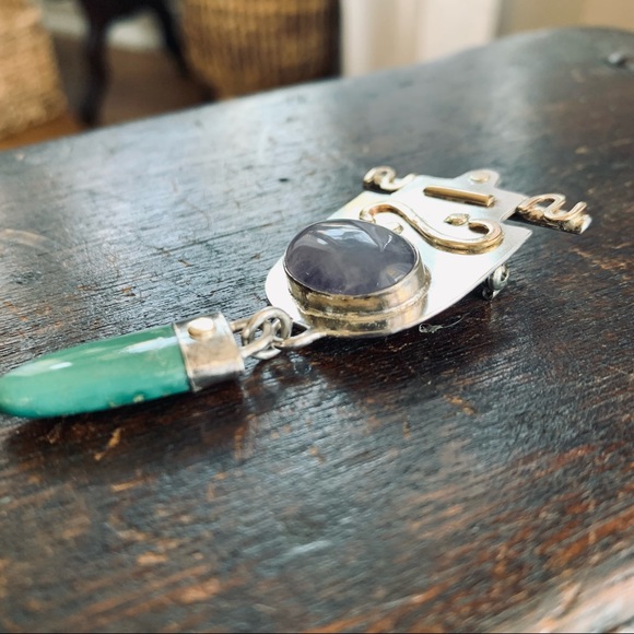 Vintage Southwestern Sterling Pin or Pendant, 14k Gold, Turquoise and Amethyst - Picture 7 of 17